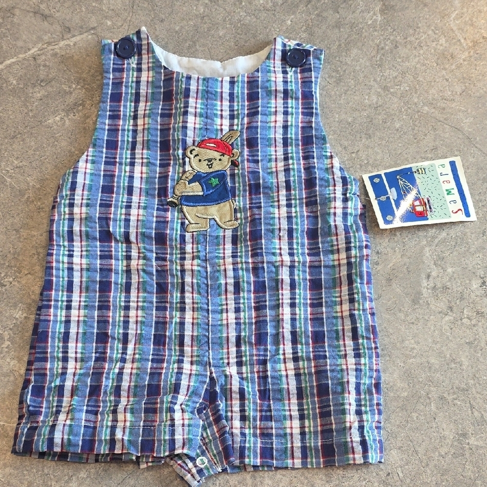 (J37) Infant Boy 6-9 Mth Blue and Red Overalls with Plaid Design